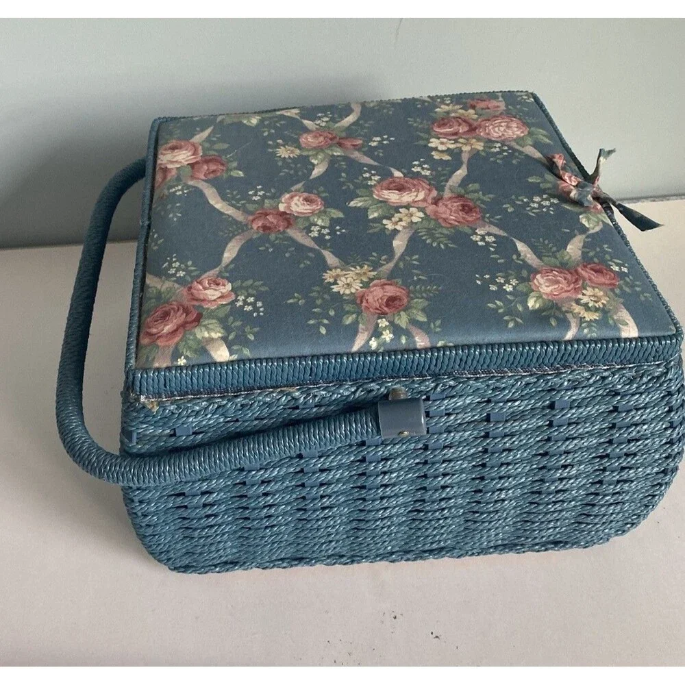 Floral Wicker Sewing Basket w Handle, Compartment Blue 10” X 10” X 7”